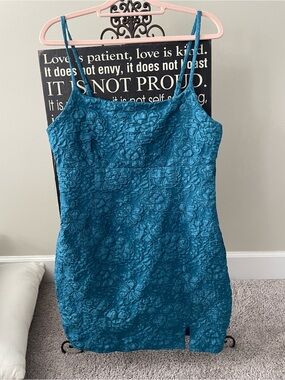 Teal Floral Lace Slip Dress